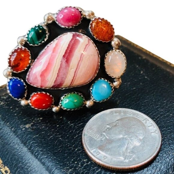 American Southwest Multi Gemstone Rhodochrosite Turquoise Sterling Silver Ring 8 - Picture 5 of 5